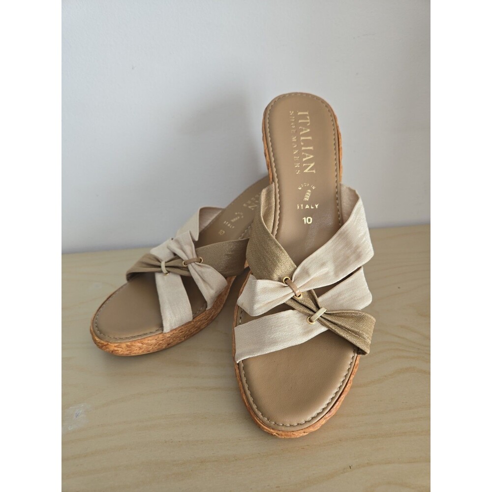 Italian Shoemakers Shimmery Ivory Tan Strappy High Heel Wedge Sandals 10 Comfy